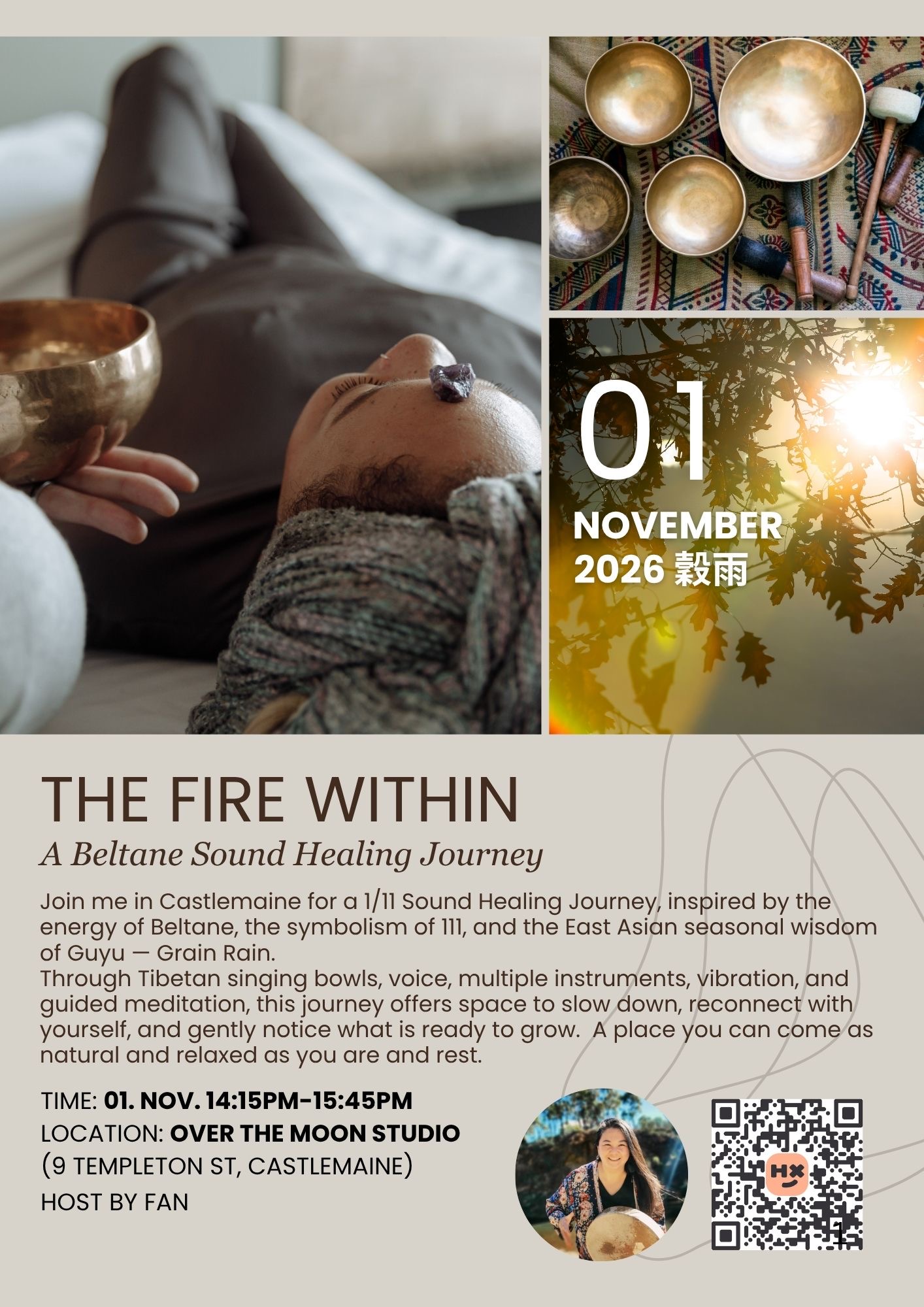 The Fire Within flyer · 1 November 2026, 2:15–3:45 pm, Over the Moon Studio, Castlemaine.