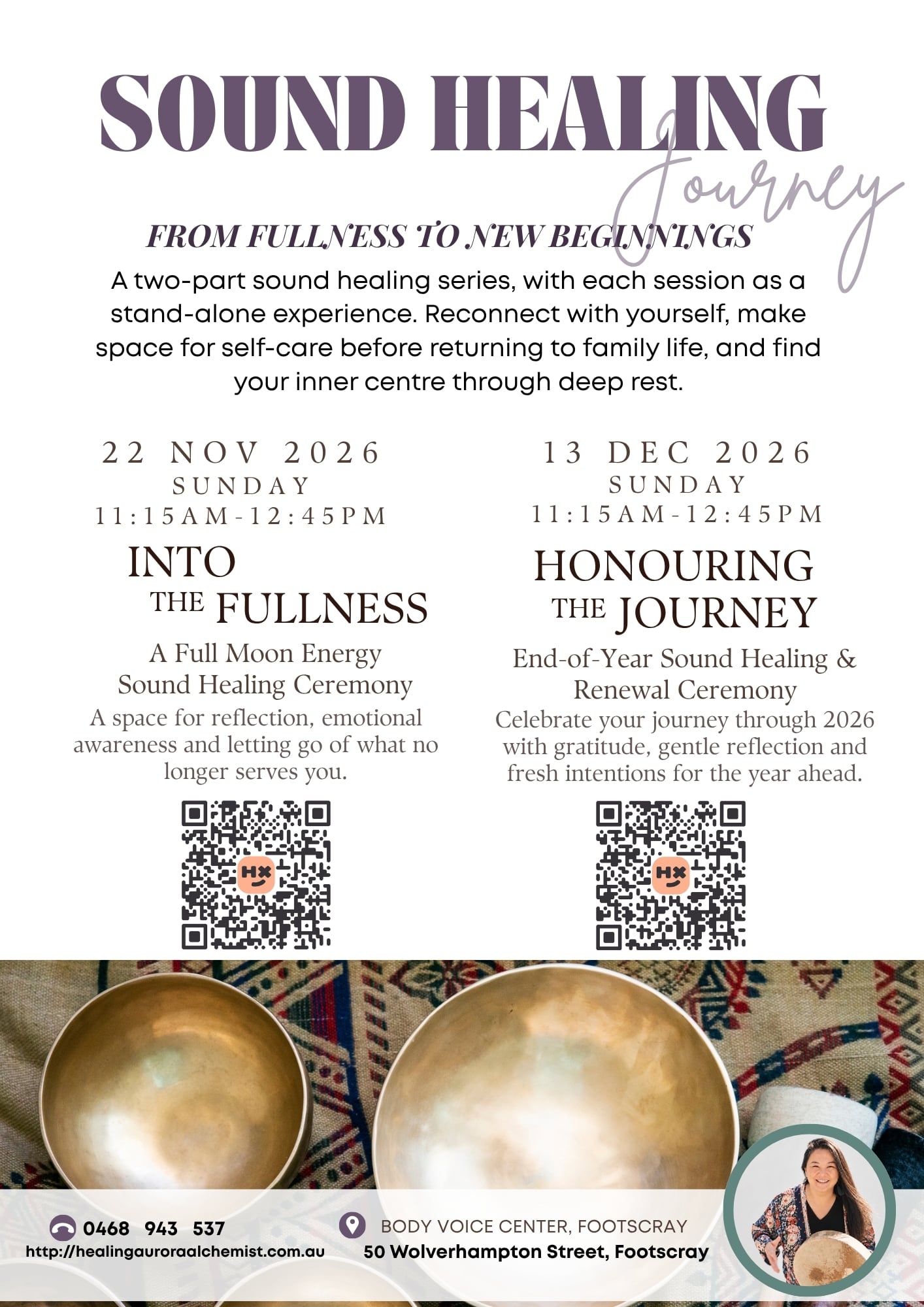 From Fullness to New Beginnings flyer · Into the Fullness on 22 November and Honouring the Journey on 13 December 2026, both 11:15 am–12:45 pm at Body Voice Centre, Footscray.